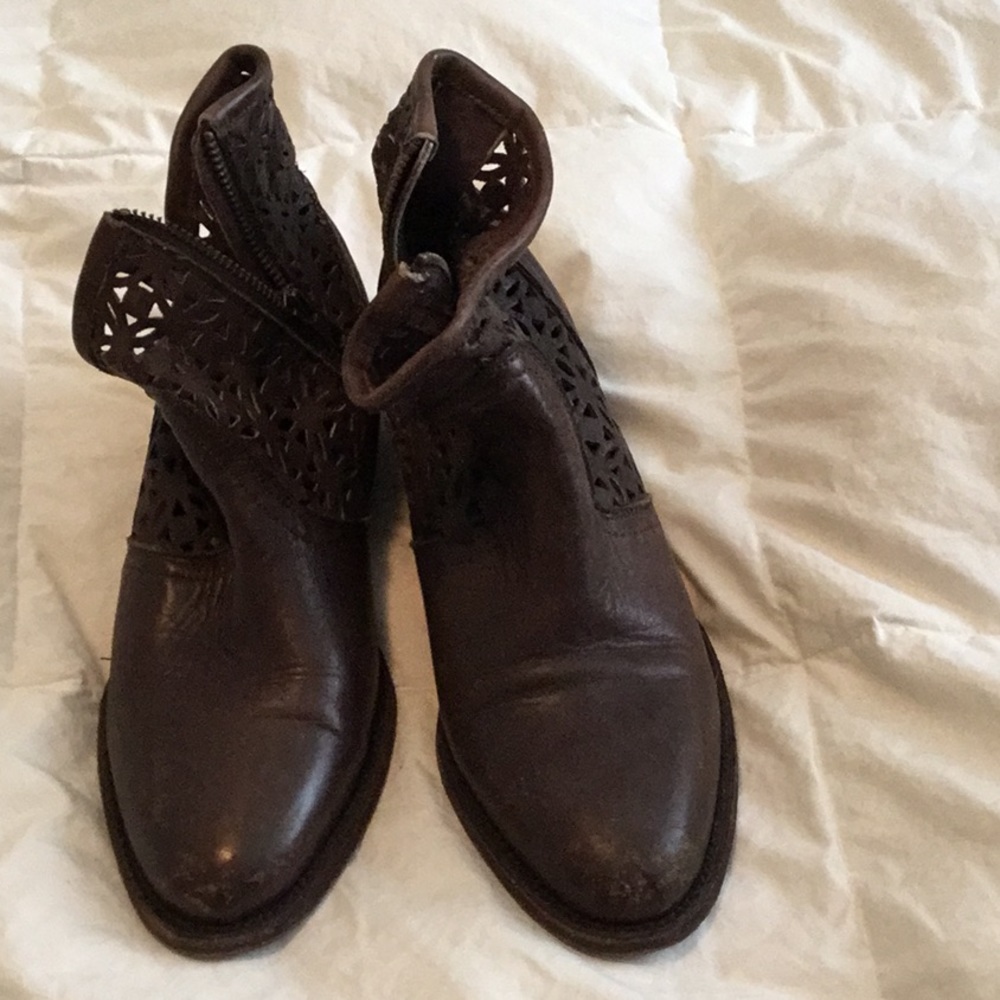Dark Brown Ankle Boots - Genuine Leather, Sturdy, Open-Work Design at Ankle
